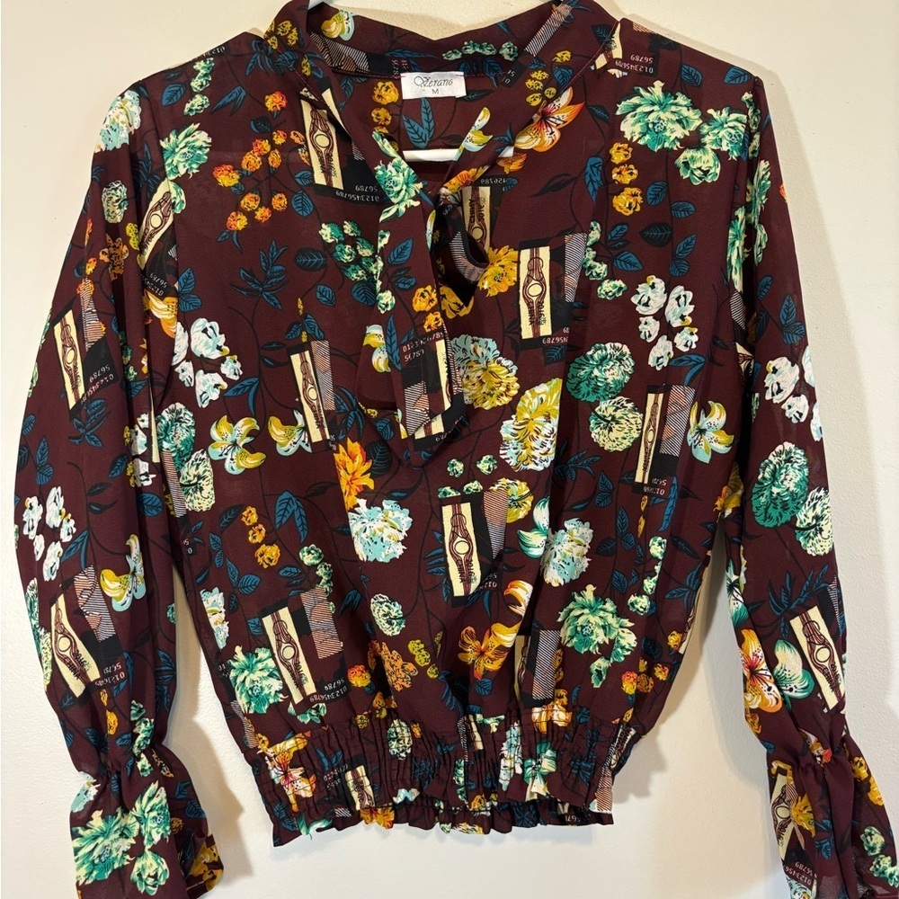 Fairycore Spring Sheer Floral V Neck cottagecore Bow Top crepe sleeves Medium
